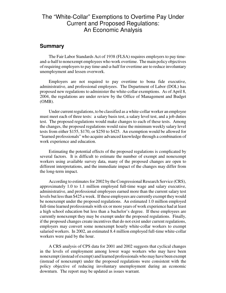 [20040408]RL32349_根据现行法规和拟议法规“白领”加班工资豁免：经济分析.pdf_第2页