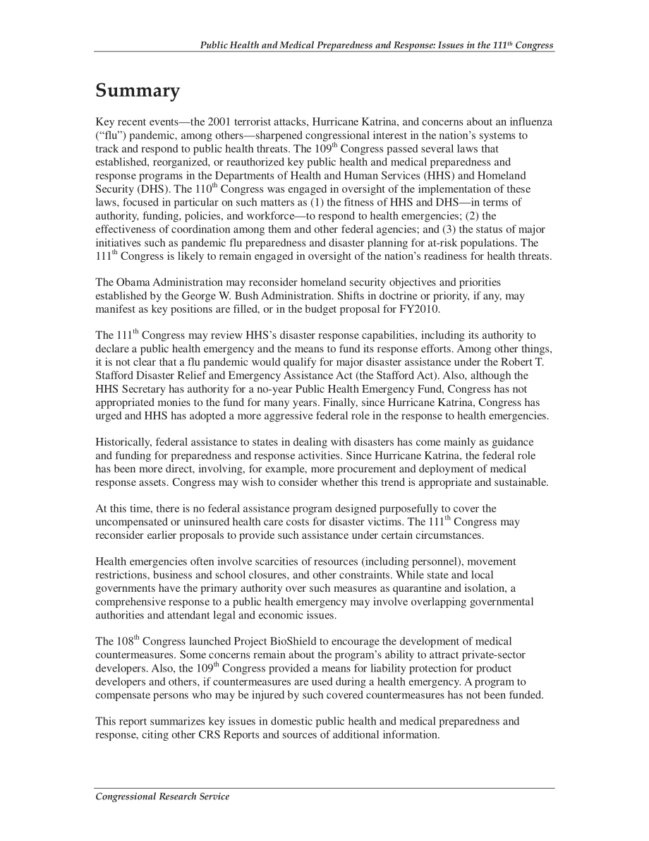 [20090330]R40159_公共卫生和医疗准备与响应：第111届国会议题.pdf_第2页