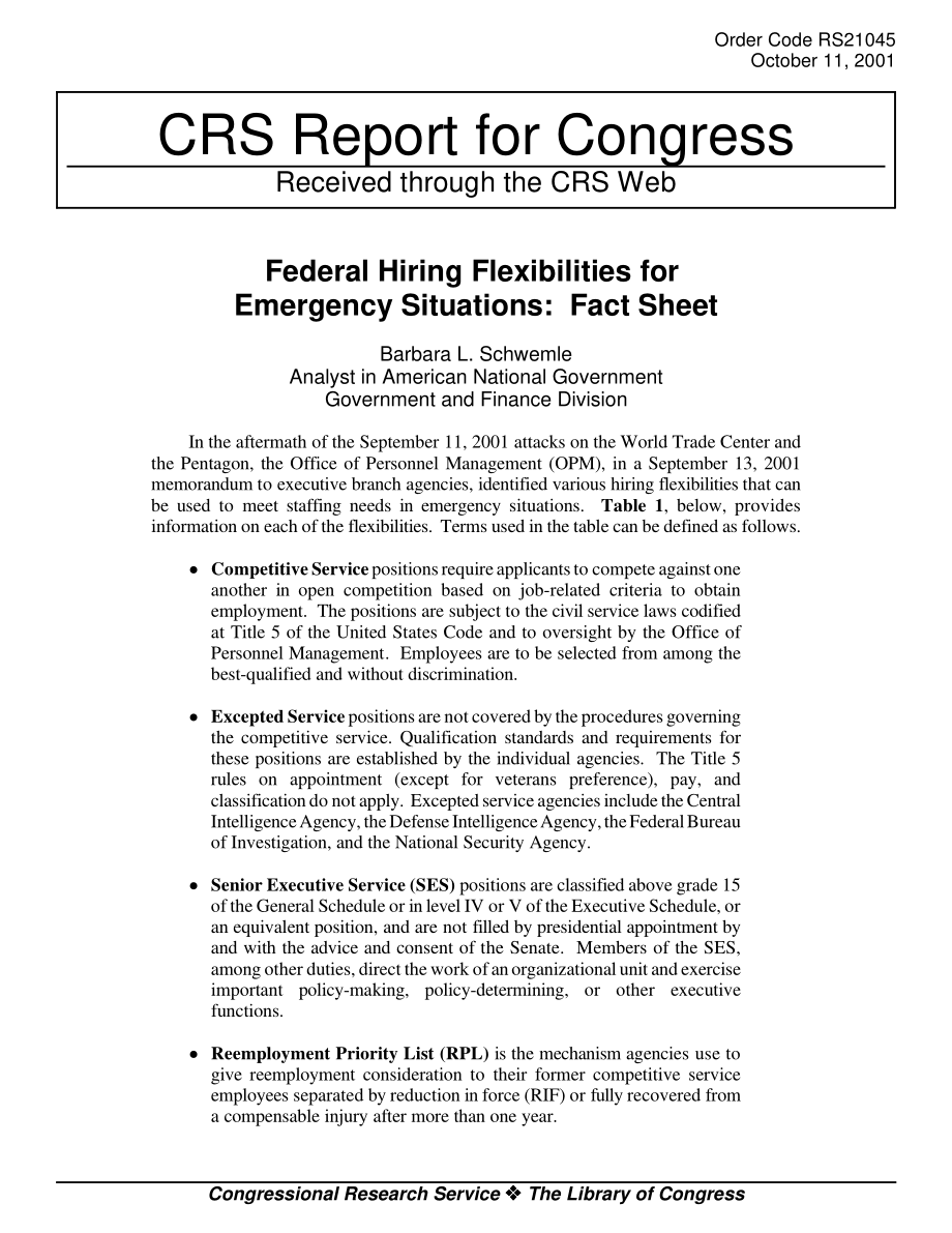 [20011011]RS21045_紧急情况下的联邦招聘灵活性：情况说明书.pdf_第1页