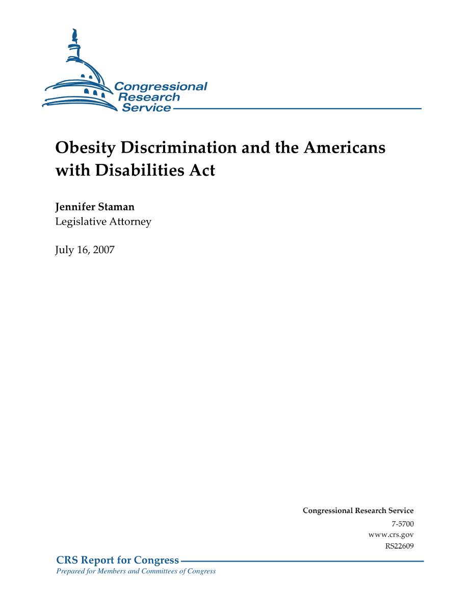 [20070716]RS22609_Obesity Discrimination and the Americans with Disabilities Act.pdf_第1页