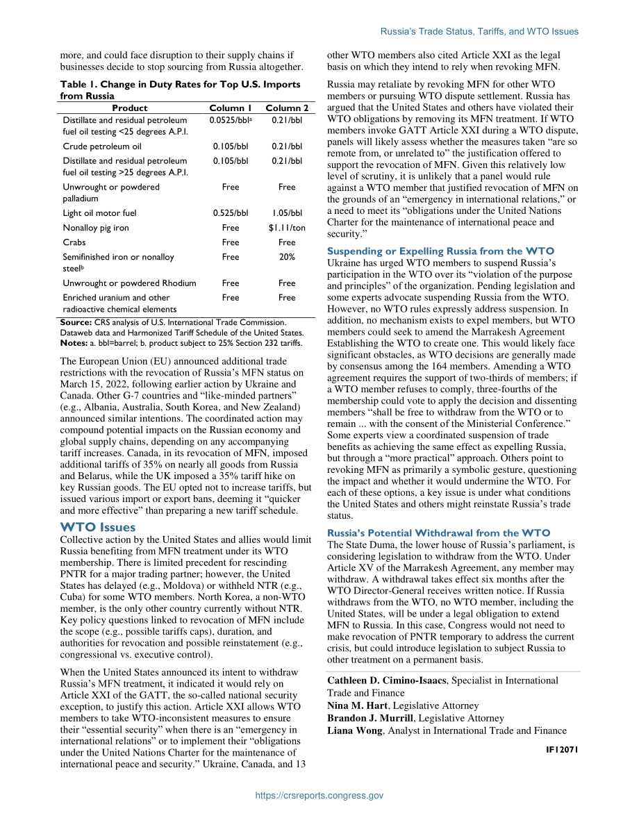 [20220401]IF12071_俄罗斯的贸易地位、关税和世贸组织问题 .pdf_第2页