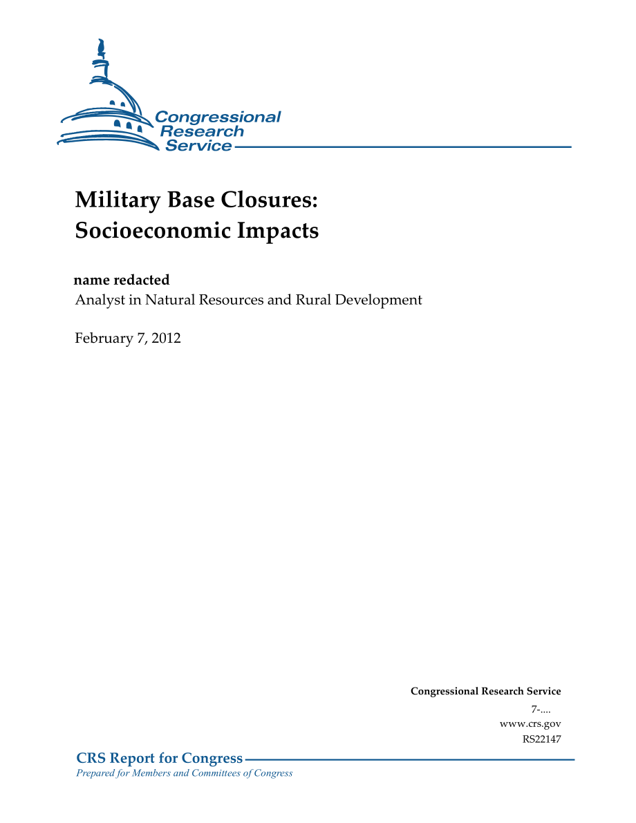 [20120207]RS22147_军事基地关闭：社会经济影响.pdf_第1页