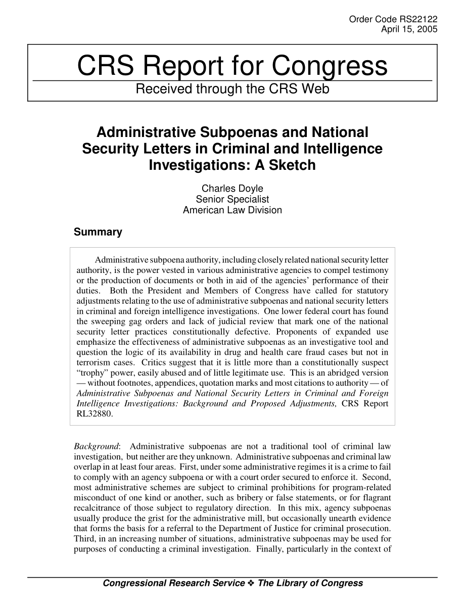 [20050415]RS22122_刑事和情报调查中的行政传票和国家安全信函：草图.pdf_第1页