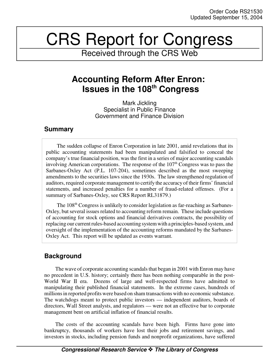[20040915]RS21530_安然事件后的会计改革：第108届国会议题.pdf_第1页